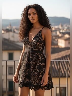 Dress the Population Ava Lace Overlay Mini Dress Black V-Neck Cocktail Dress